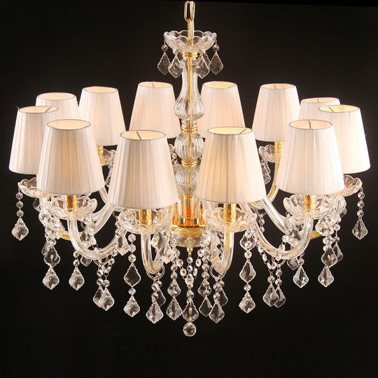 White Pleated Fabric Chandelier With Crystal Pendalogues - Transitional Pendant Light 12 / Gold