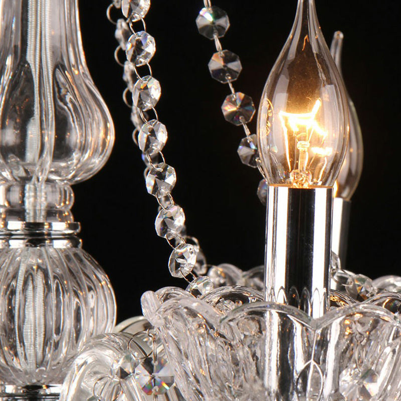 Clear Glass Candle Chandelier With Crystal Strand - Victorian Style