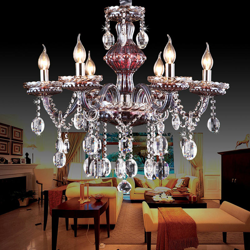 Traditional 6-Light Crystal Chandelier: Clear-Red Hanging Fixture For Living Room Clear