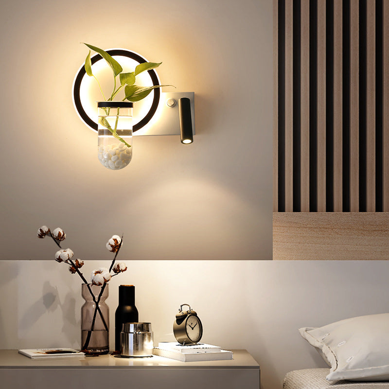 Loop Shaped Wall Sconce Metal Led Light With Spotlight And Plant Pot In Black-White - Decorative