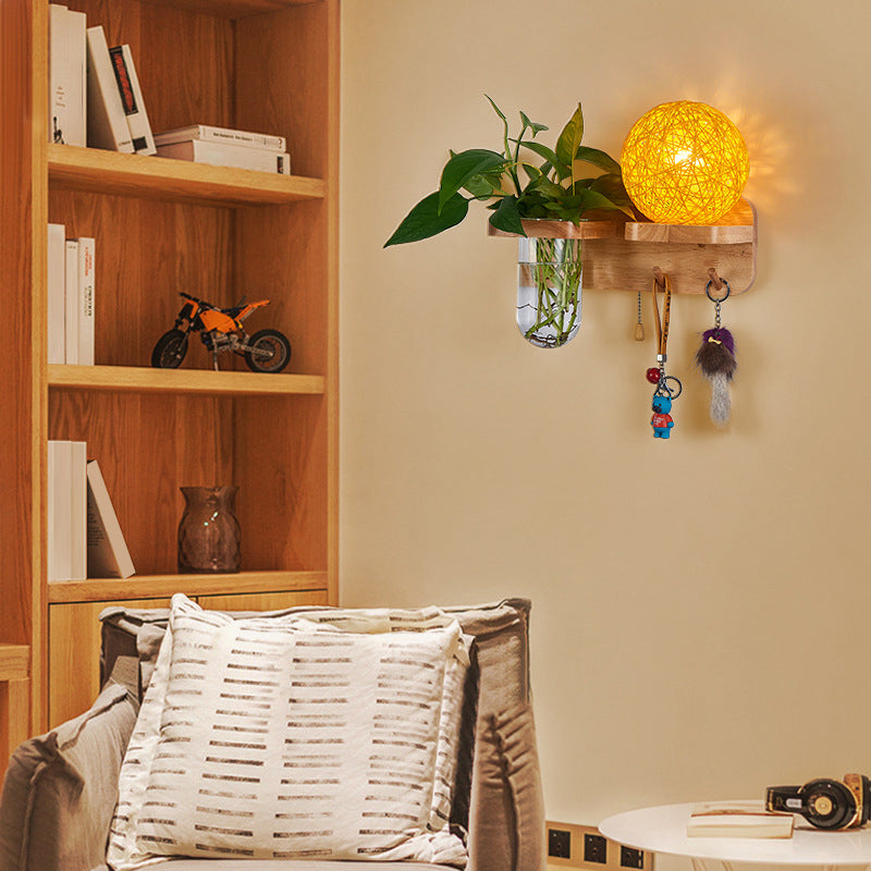 Rattan Wall Sconce With Nordic Ball Design Pull Chain And Plant Pot - Living Room Lighting