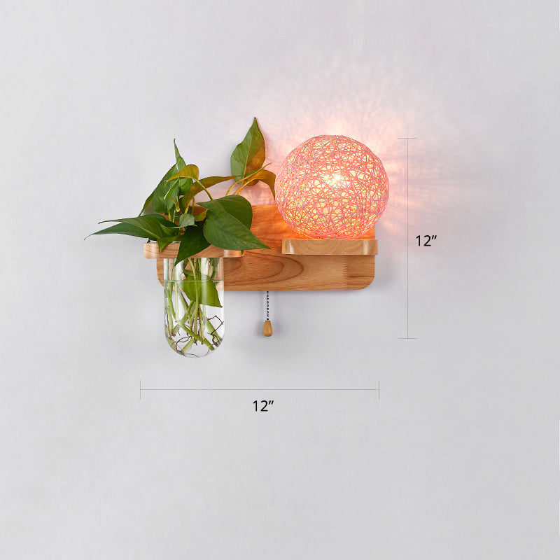Rattan Wall Sconce With Nordic Ball Design Pull Chain And Plant Pot - Living Room Lighting Pink /