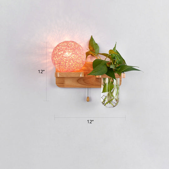 Rattan Wall Sconce With Nordic Ball Design Pull Chain And Plant Pot - Living Room Lighting Pink /