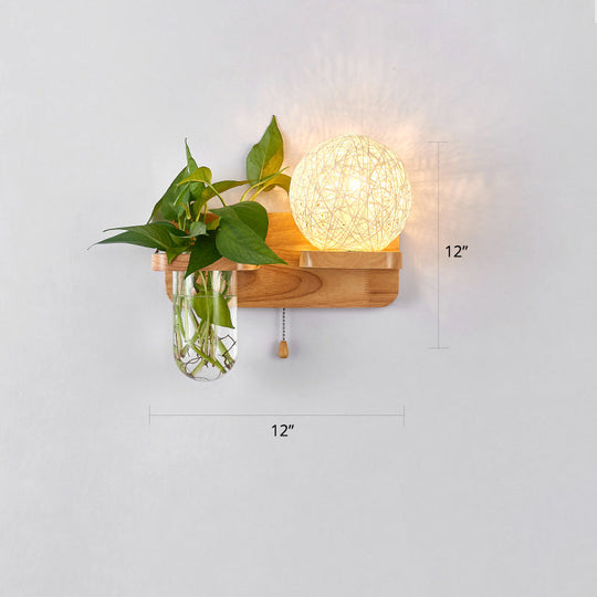 Rattan Wall Sconce With Nordic Ball Design Pull Chain And Plant Pot - Living Room Lighting White /