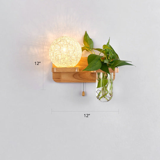 Rattan Wall Sconce With Nordic Ball Design Pull Chain And Plant Pot - Living Room Lighting White /