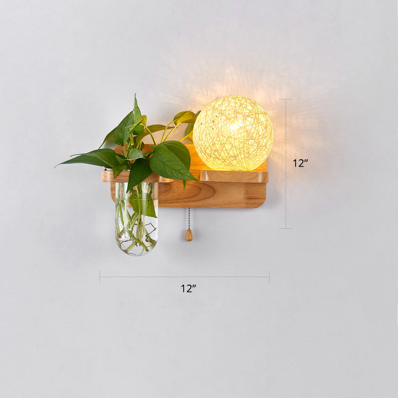 Rattan Wall Sconce With Nordic Ball Design Pull Chain And Plant Pot - Living Room Lighting Beige /