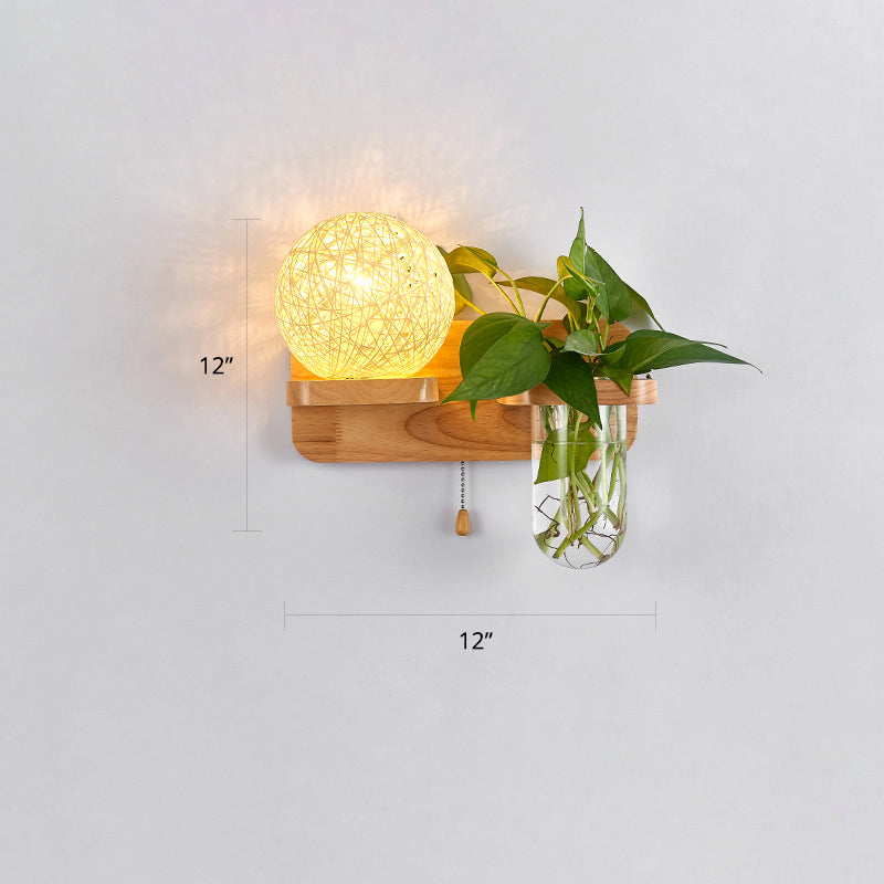 Rattan Wall Sconce With Nordic Ball Design Pull Chain And Plant Pot - Living Room Lighting Beige /