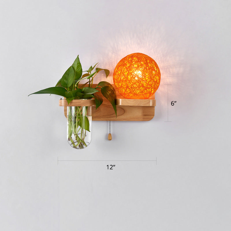 Rattan Wall Sconce With Nordic Ball Design Pull Chain And Plant Pot - Living Room Lighting Orange /