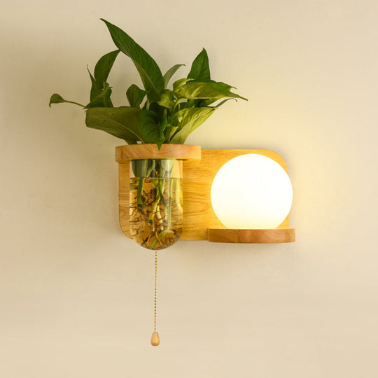 Nordic Milk Glass Ball Wall Sconce: 1-Bulb Bedside Pull Chain Light With Wood Rack And Planter
