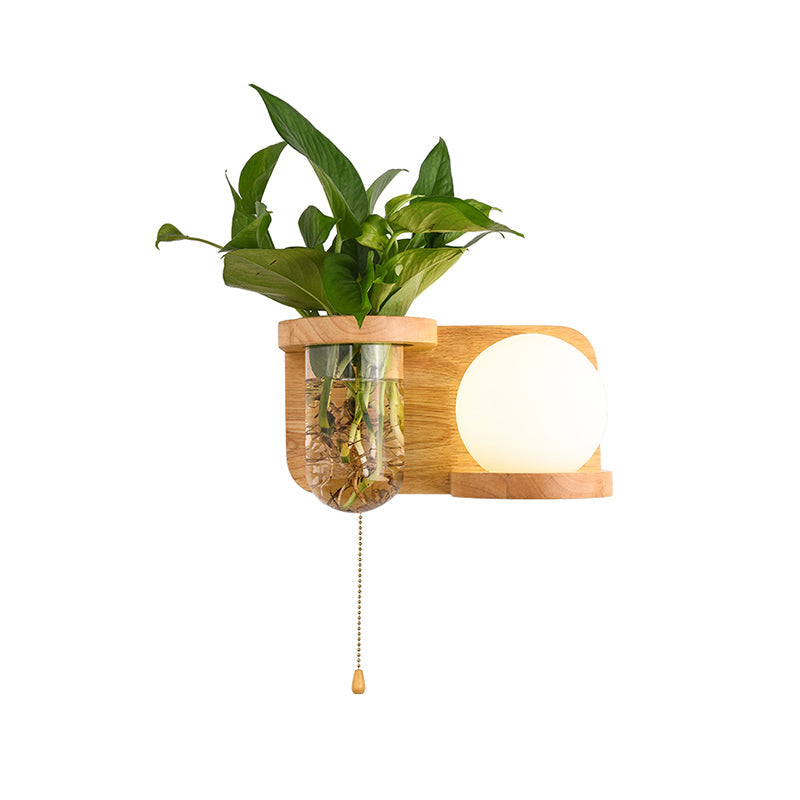Nordic Milk Glass Ball Wall Sconce: 1-Bulb Bedside Pull Chain Light With Wood Rack And Planter