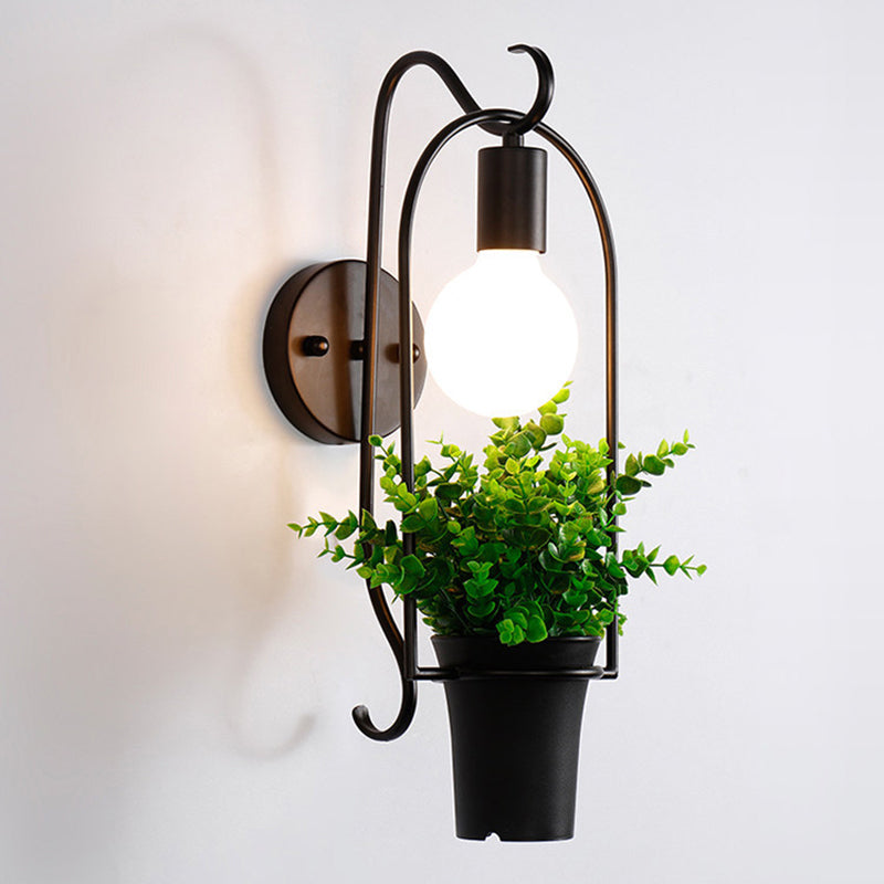 Nordic Metal 1-Light Black-Green Faux Bonsai Wall Lamp: Stylish Bedroom Sconce Black