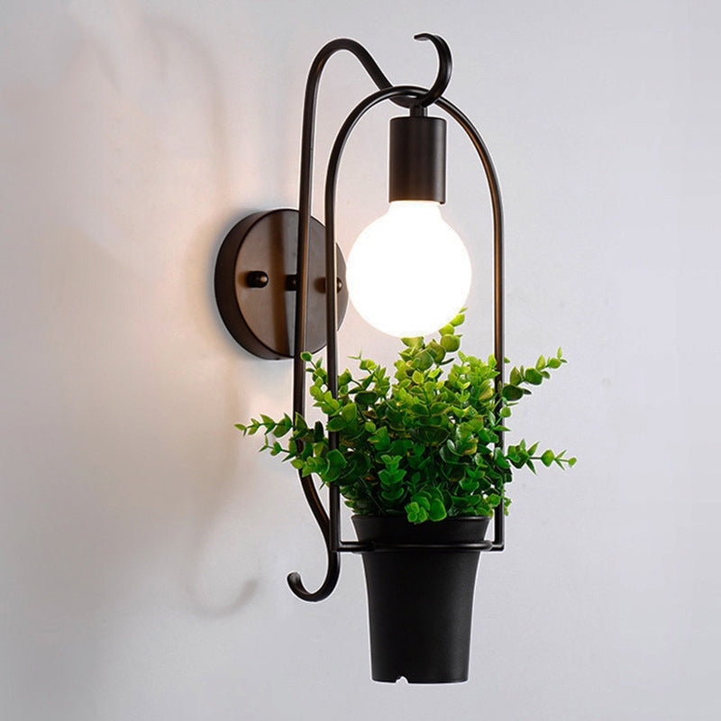 Nordic Metal 1-Light Black-Green Faux Bonsai Wall Lamp: Stylish Bedroom Sconce