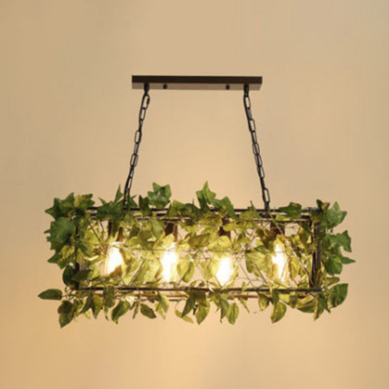Industrial Black Metal Island Lamp With 4-Light Rectangle Design And Stylish Faux Plant Decor Green