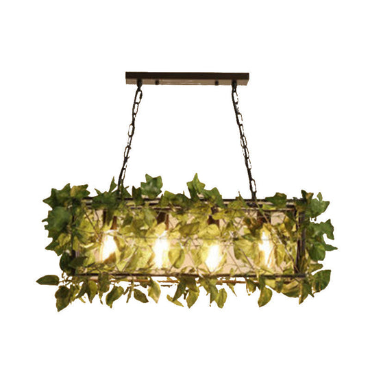 Industrial Black Metal Island Lamp With 4-Light Rectangle Design And Stylish Faux Plant Decor