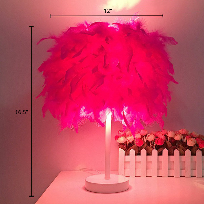 Nordic Feather Cylinder Table Lamp: Single-Bulb Nightstand Lighting For Bedroom White / Rose Red