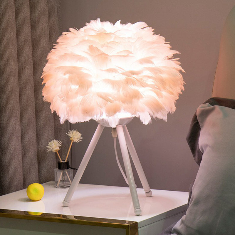 Modern Hemispherical Nightstand Light With Delicate Feather Accent - 1-Light Bedside Table Lamp