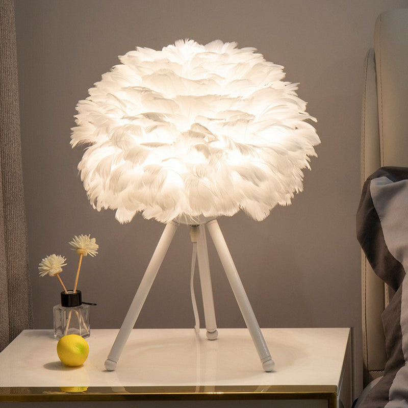 Modern Hemispherical Nightstand Light With Delicate Feather Accent - 1-Light Bedside Table Lamp
