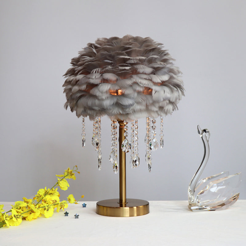 Romantic Feather Table Lamp: Modern Domed 1-Light Night Light With Crystal Decor Grey