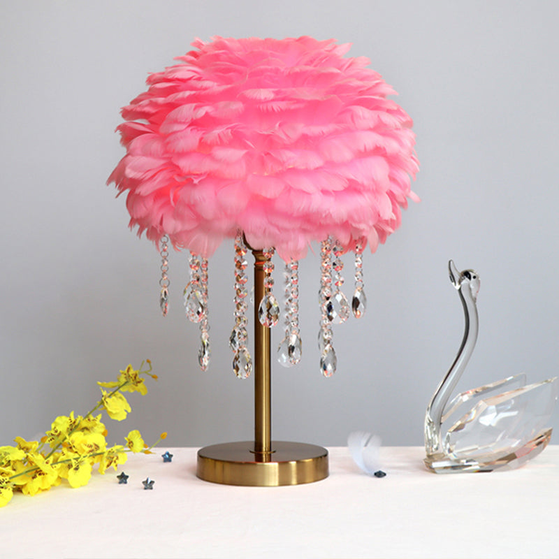 Romantic Feather Table Lamp: Modern Domed 1-Light Night Light With Crystal Decor Pink