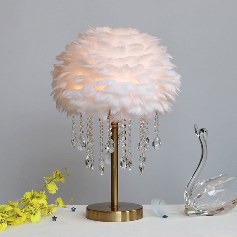 Romantic Feather Table Lamp: Modern Domed 1-Light Night Light With Crystal Decor White
