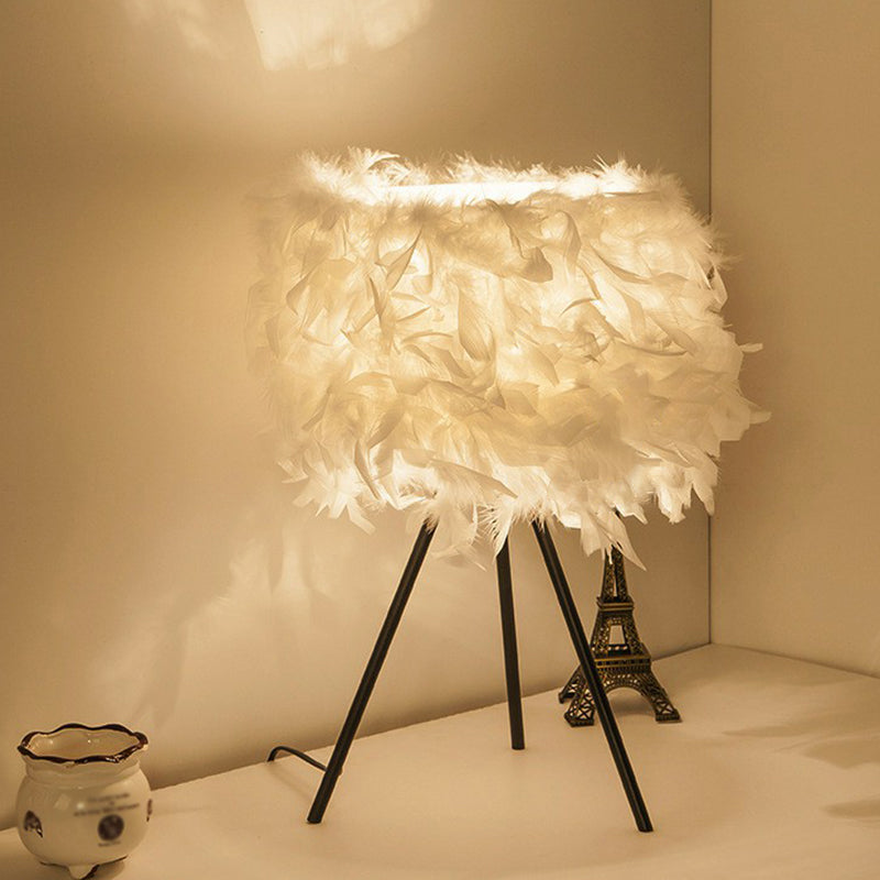 Minimalist Black Table Lamp With Feather Lampshade - Ideal For Bedroom Nightstand / Drum