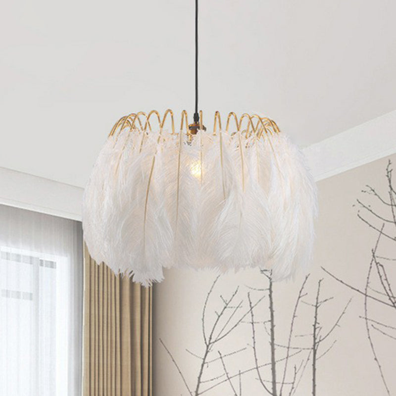 Minimalist Feather Pendant Light For Bedroom - Nordic Style Circle Suspension With Single Bulb White
