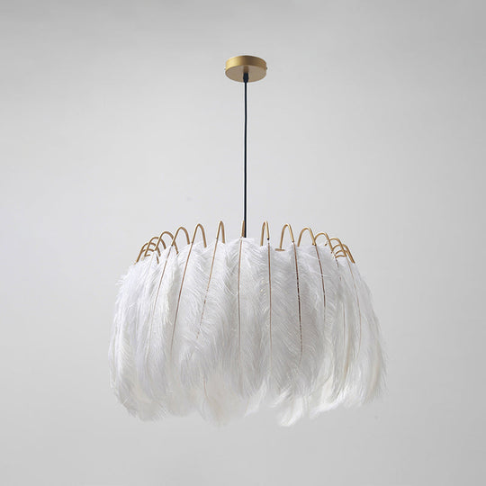 Minimalist Feather Pendant Light For Bedroom - Nordic Style Circle Suspension With Single Bulb