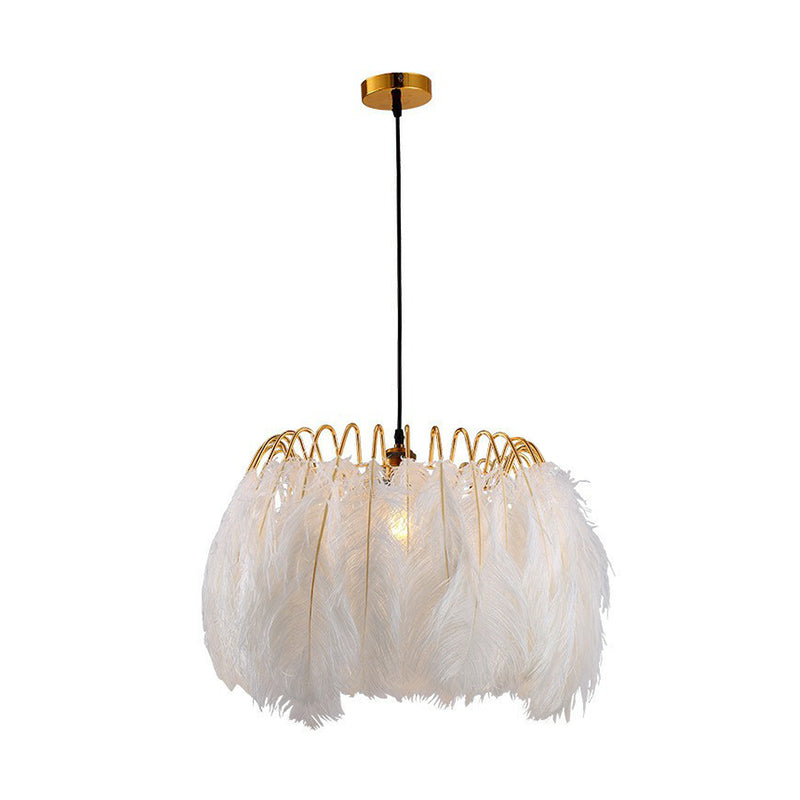 Nordic White Feather Pendant Light - Single-Bulb Suspended Lighting for Bedroom