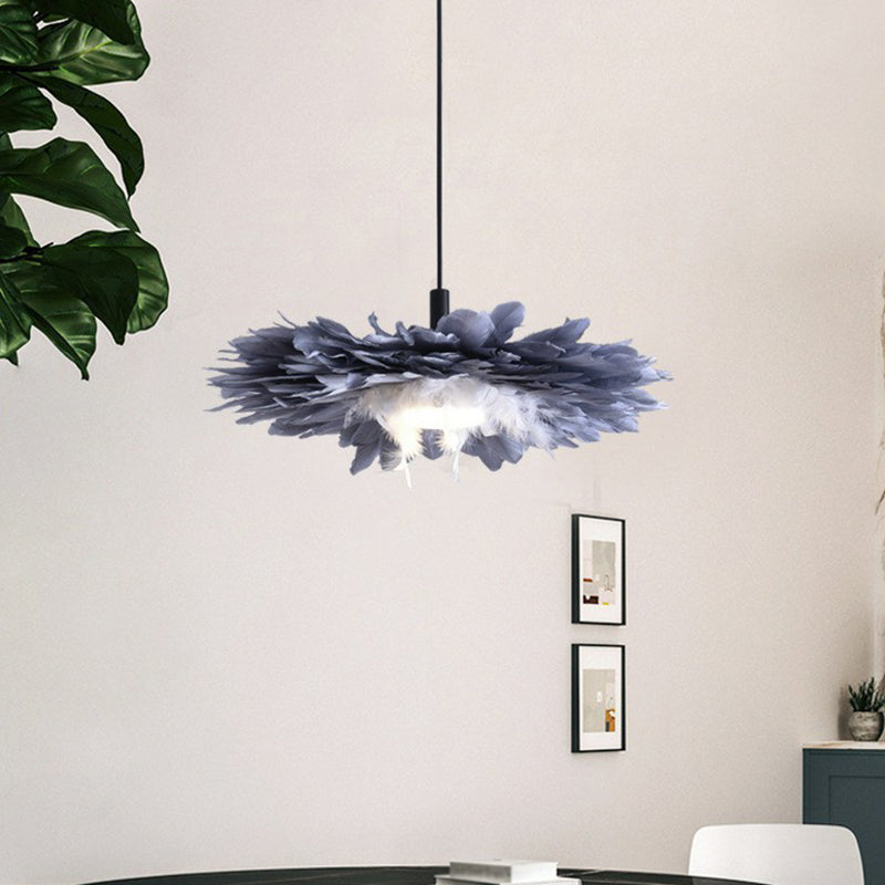 Artistic 1-Head Black and Blue Floral Feather Hanging Light Fixture for Bedroom
