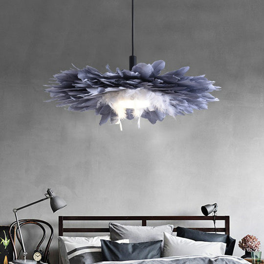 Artistic 1-Head Floral Feather Hanging Light Fixture In Black And Blue - Ideal For Bedroom