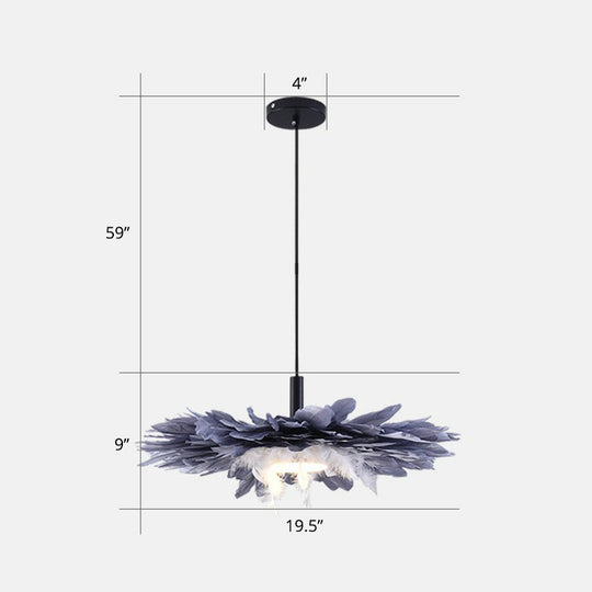 Artistic 1-Head Floral Feather Hanging Light Fixture In Black And Blue - Ideal For Bedroom / 20
