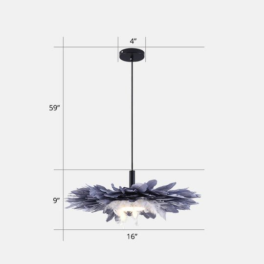Artistic 1-Head Black and Blue Floral Feather Hanging Light Fixture for Bedroom