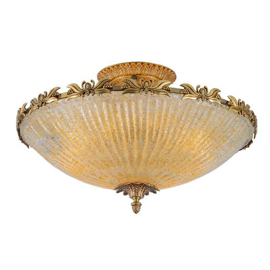 Semi Mount Lighting In Brass With Antiqued Bowl Shaped Flush Light And Clear Variegated Glass / 20.5