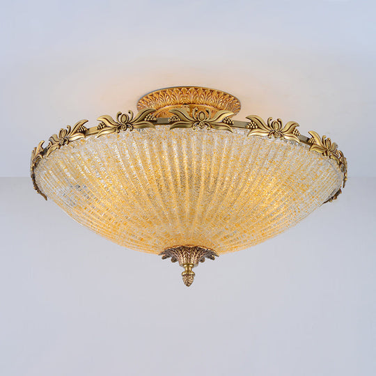 Semi Mount Lighting In Brass With Antiqued Bowl Shaped Flush Light And Clear Variegated Glass