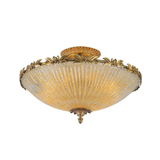 Semi Mount Lighting In Brass With Antiqued Bowl Shaped Flush Light And Clear Variegated Glass / 16.5