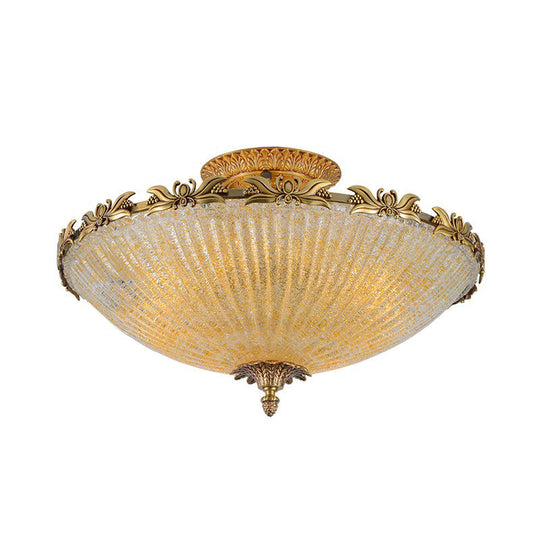 Semi Mount Lighting in Brass with Antiqued Bowl Shaped Flush Light and Clear Variegated Glass
