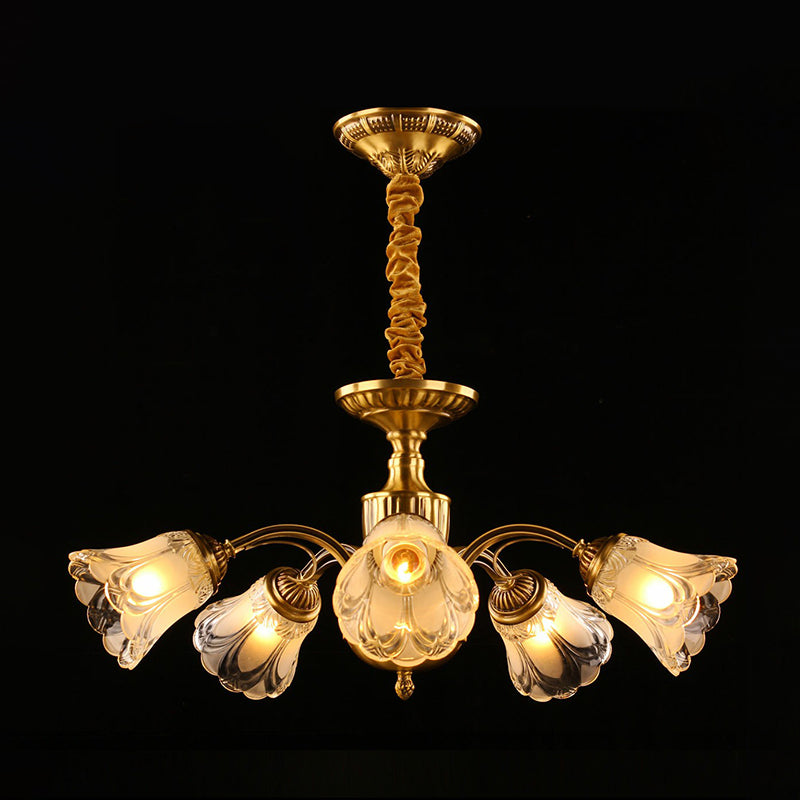 Gold Frosted Glass Flower Chandelier - Colonial Style Suspension Light