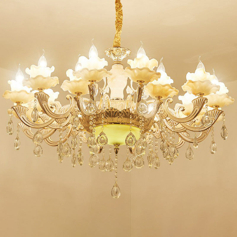 Classic White Faux Candle Chandelier For Living Room With Frosted Glass Pendant And Crystal Décor 15