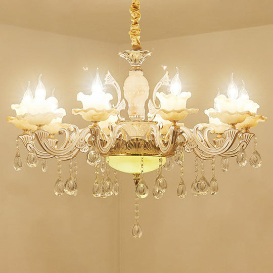 Classic White Faux Candle Chandelier For Living Room With Frosted Glass Pendant And Crystal Décor 10