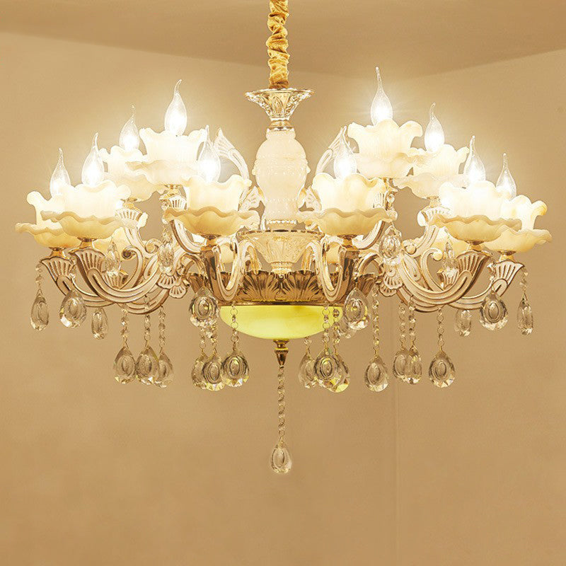 Classic White Faux Candle Chandelier For Living Room With Frosted Glass Pendant And Crystal Décor 18