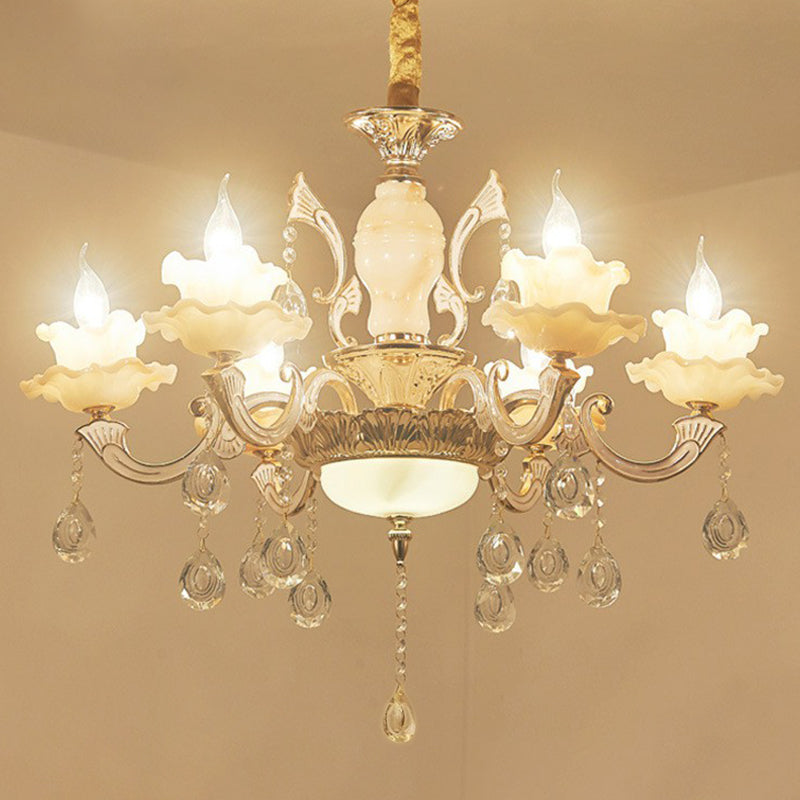 Classic White Faux Candle Chandelier For Living Room With Frosted Glass Pendant And Crystal Décor 6