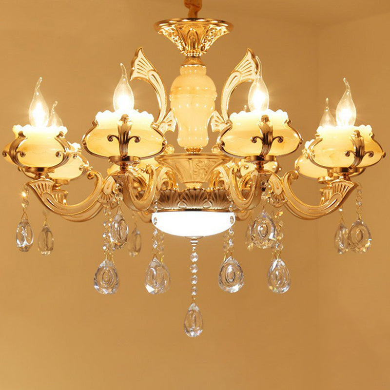 Classic White Faux Candle Chandelier For Living Room With Frosted Glass Pendant And Crystal Décor 10