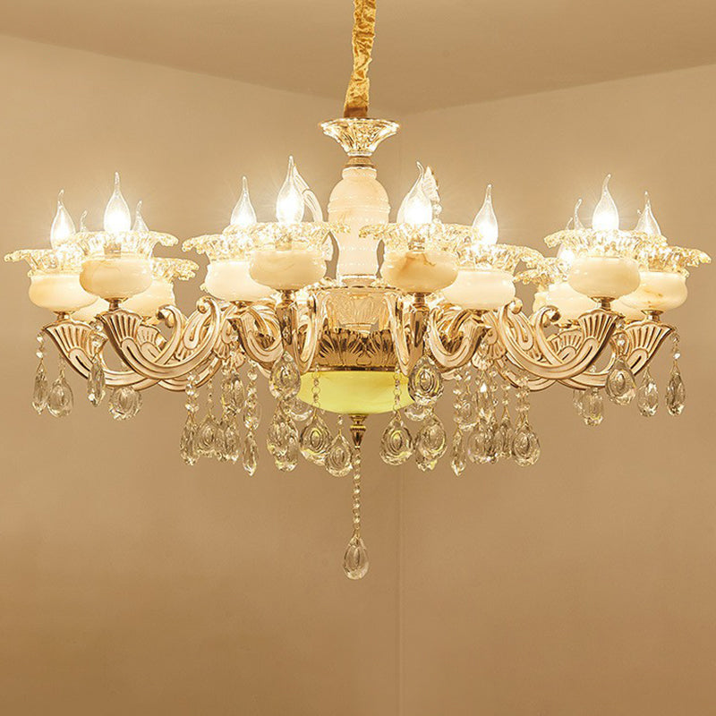 Classic White Faux Candle Chandelier For Living Room With Frosted Glass Pendant And Crystal Décor 15