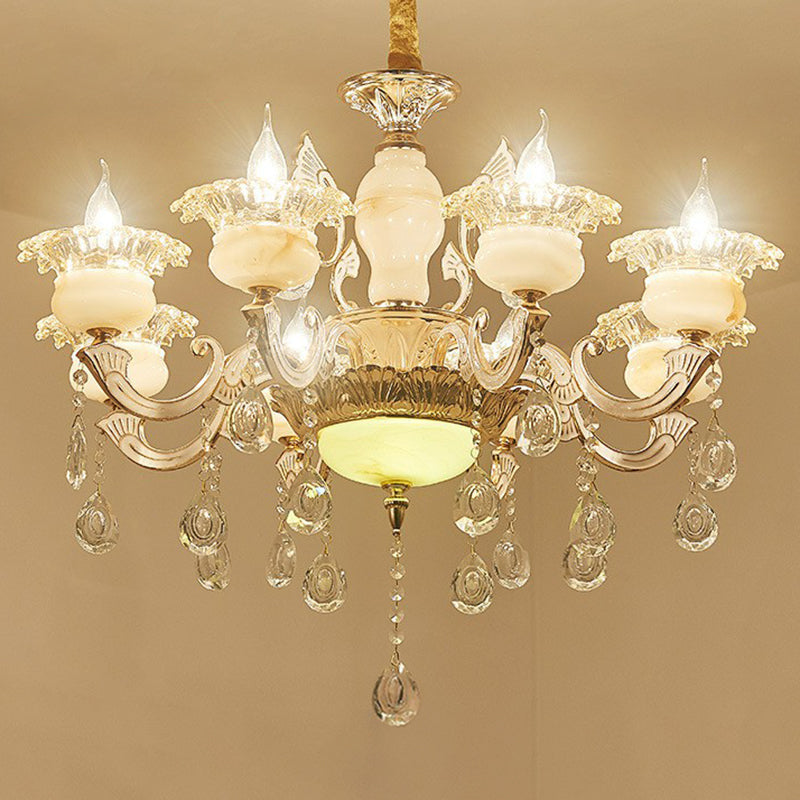 Classic White Faux Candle Chandelier For Living Room With Frosted Glass Pendant And Crystal Décor