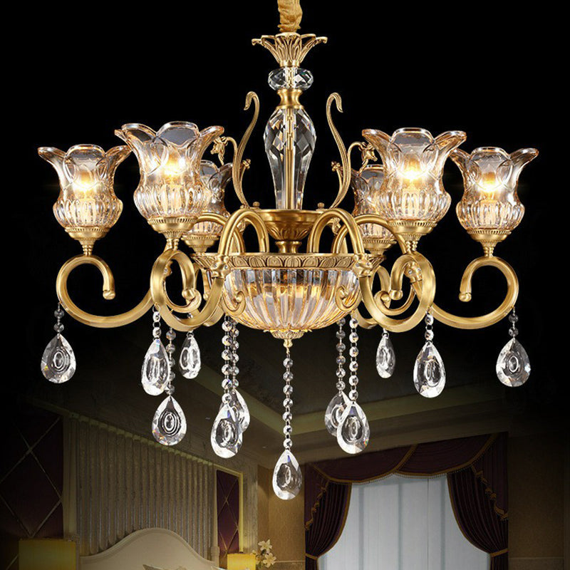 Retro Crystal Glass Brass Chandelier - Decorative Living Room Hanging Lamp