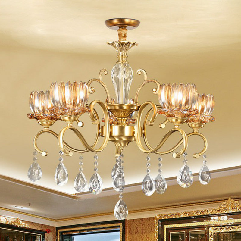 Retro Crystal Glass Brass Chandelier - Decorative Living Room Hanging Lamp