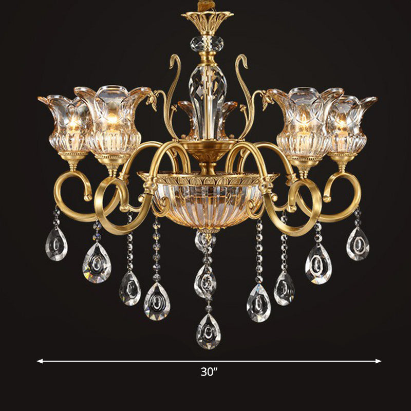 Retro Crystal Glass Brass Chandelier - Decorative Living Room Hanging Lamp