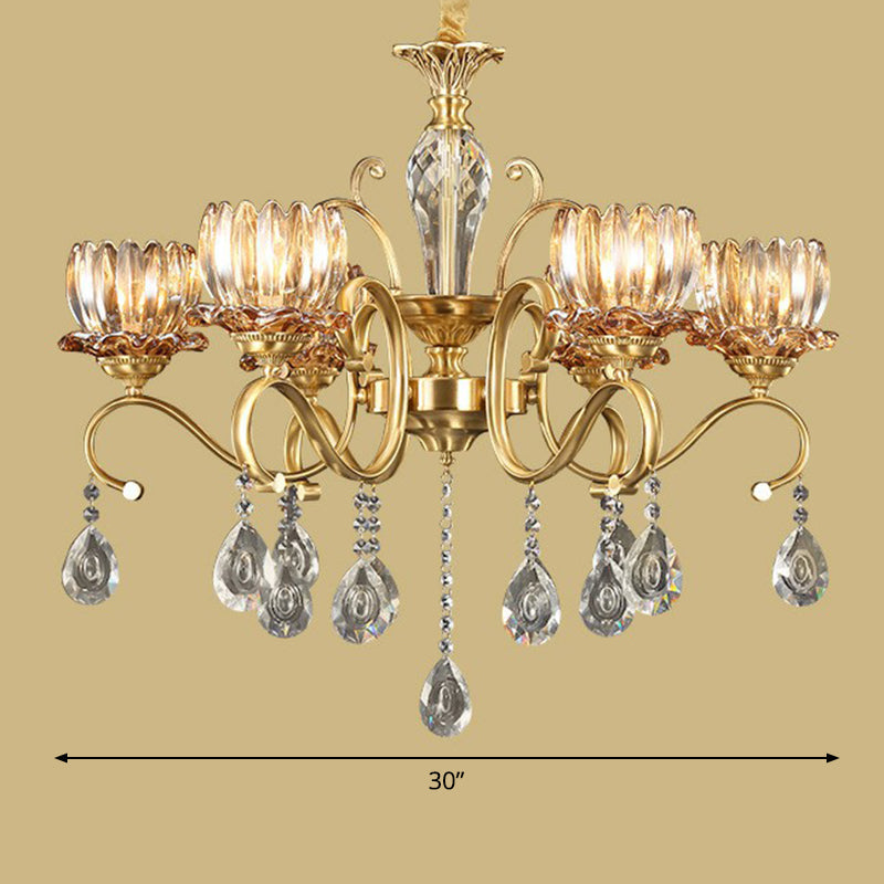 Retro Crystal Glass Brass Chandelier - Decorative Living Room Hanging Lamp 6 / Clear Flower