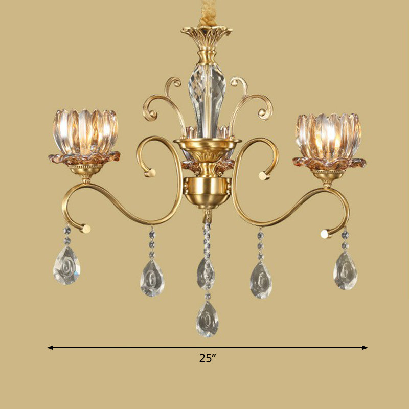 Retro Crystal Glass Brass Chandelier - Decorative Living Room Hanging Lamp 3 / Clear Flower