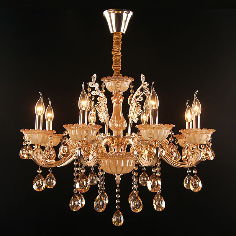 Gold Amber Glass Candle Chandelier With Crystal Decor - Traditional Living Room Suspension Light 8 /